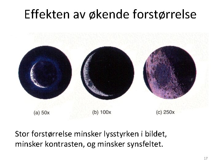 Effekten av økende forstørrelse Stor forstørrelse minsker lysstyrken i bildet, minsker kontrasten, og minsker