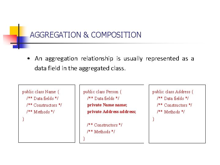 AGGREGATION & COMPOSITION • An aggregation relationship is usually represented as a data field