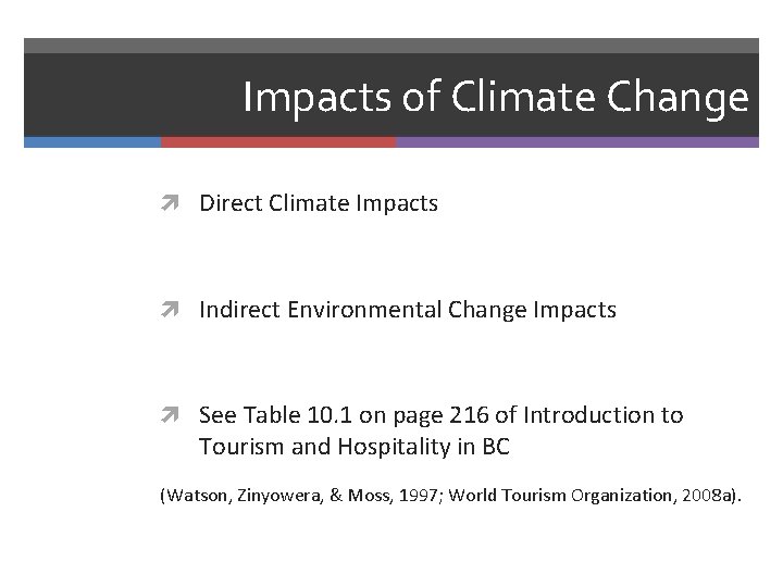 Impacts of Climate Change Direct Climate Impacts Indirect Environmental Change Impacts See Table 10.