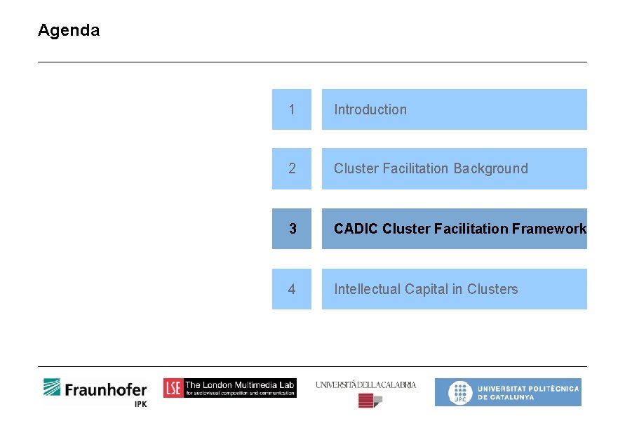 Agenda 1 Introduction 2 Cluster Facilitation Background 3 CADIC Cluster Facilitation Framework 4 Intellectual