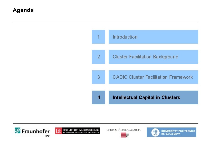 Agenda 1 Introduction 2 Cluster Facilitation Background 3 CADIC Cluster Facilitation Framework 4 Intellectual
