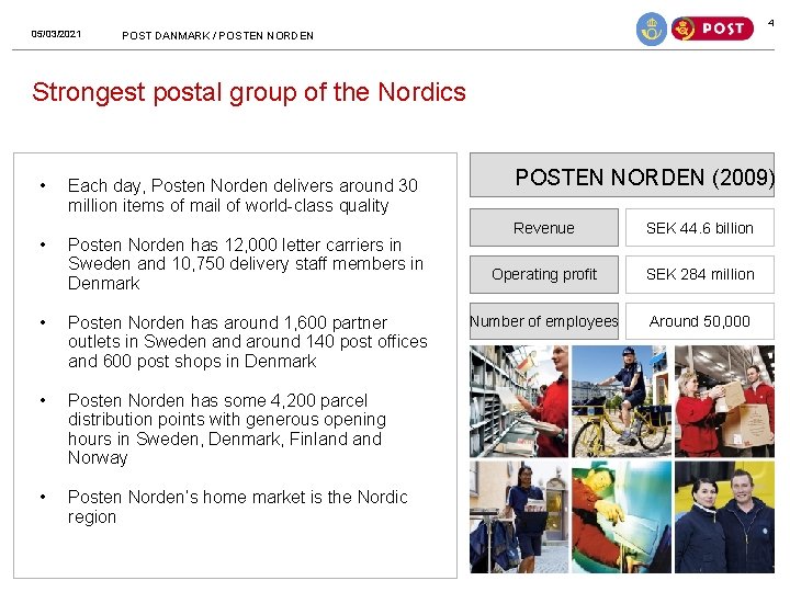 4 05/03/2021 POST DANMARK / POSTEN NORDEN Strongest postal group of the Nordics •