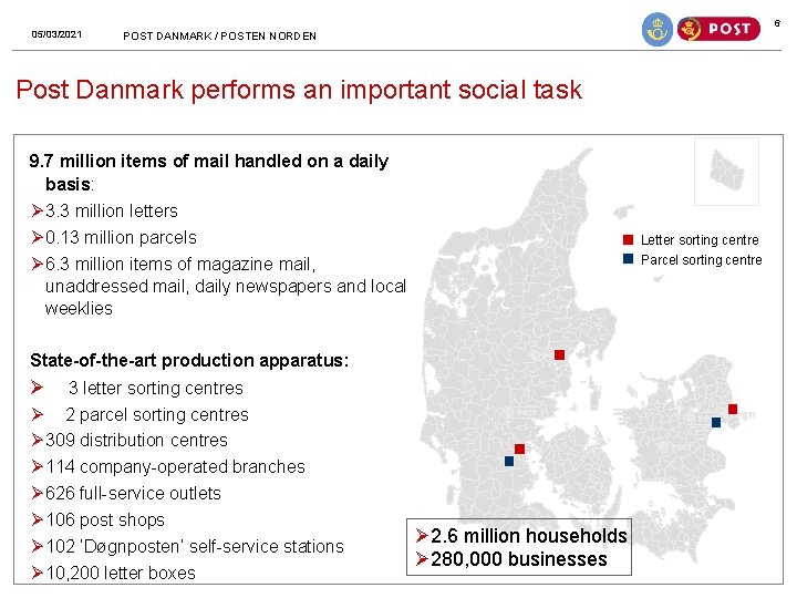 6 05/03/2021 POST DANMARK / POSTEN NORDEN Post Danmark performs an important social task