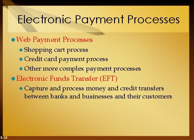 Electronic Payment Processes l Web Payment Processes l Shopping cart process l Credit card