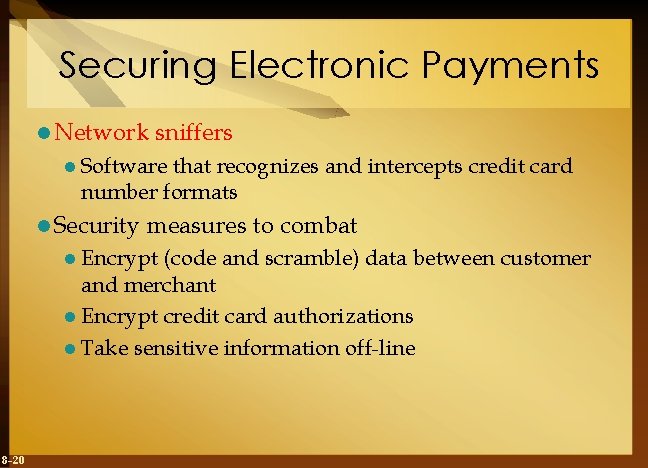 Securing Electronic Payments l Network sniffers l Software that recognizes and intercepts credit card