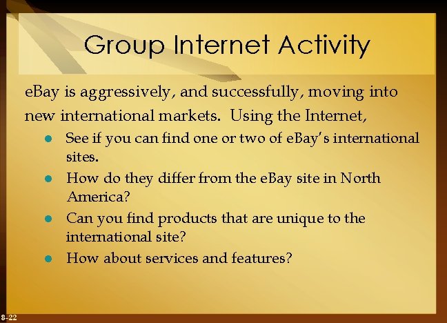 Group Internet Activity e. Bay is aggressively, and successfully, moving into new international markets.