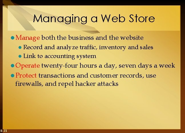 Managing a Web Store l Manage both the business and the website l Record