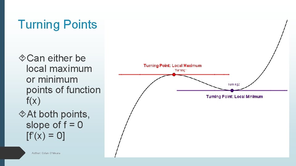 Turning Points Can either be local maximum or minimum points of function f(x) At