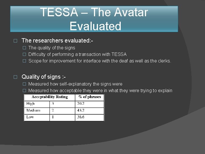 TESSA – The Avatar Evaluated � The researchers evaluated: � The quality of the