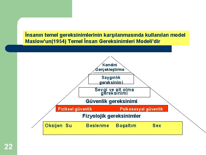 İnsanın temel gereksinimlerinin karşılanmasında kullanılan model Maslow’un(1954) Temel İnsan Gereksinimleri Modeli’dir Kendini Gerçekleştirme Saygınlık İnsanın temel gereksinimlerinin karşılanmasında kullanılan model Maslow’un(1954) Temel İnsan Gereksinimleri Modeli’dir Kendini Gerçekleştirme Saygınlık