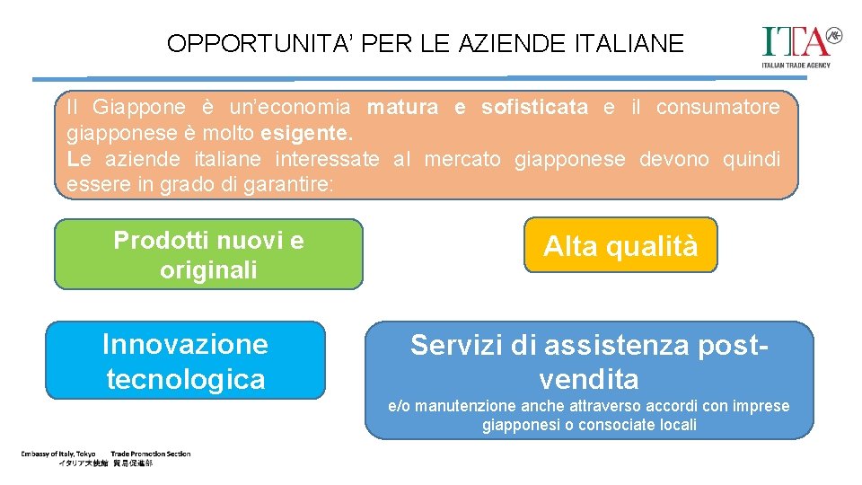 OPPORTUNITA’ PER LE AZIENDE ITALIANE Il Giappone è un’economia matura e sofisticata e il