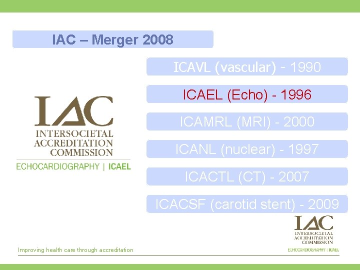 IAC – Merger 2008 ICAVL (vascular) - 1990 ICAEL (Echo) - 1996 ICAMRL (MRI)