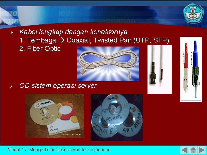  Kabel lengkap dengan konektornya 1. Tembaga Coaxial, Twisted Pair (UTP, STP) 2. Fiber