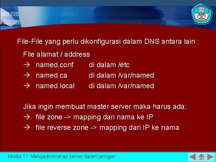 File-File yang perlu dikonfigurasi dalam DNS antara lain : File alamat / address named.