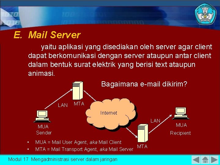 E. Mail Server yaitu aplikasi yang disediakan oleh server agar client dapat berkomunikasi dengan