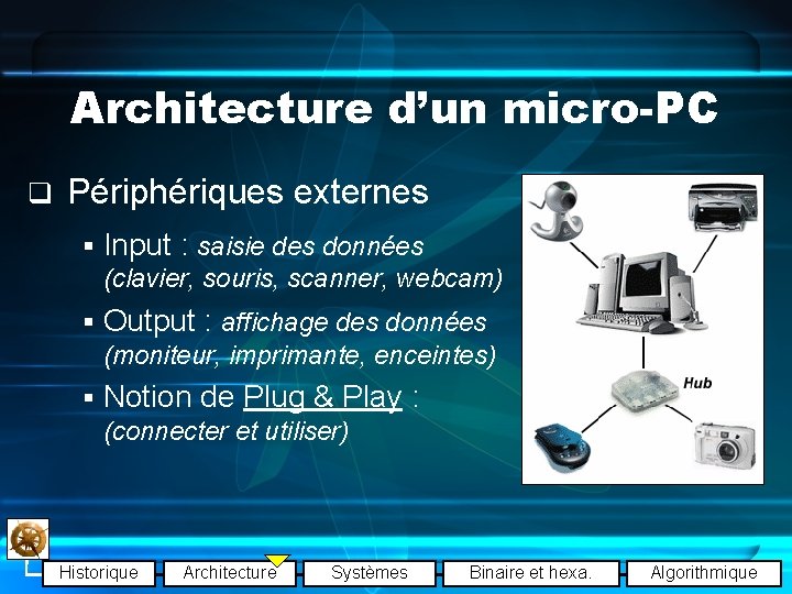 Architecture d’un micro-PC q Périphériques externes § Input : saisie des données (clavier, souris,