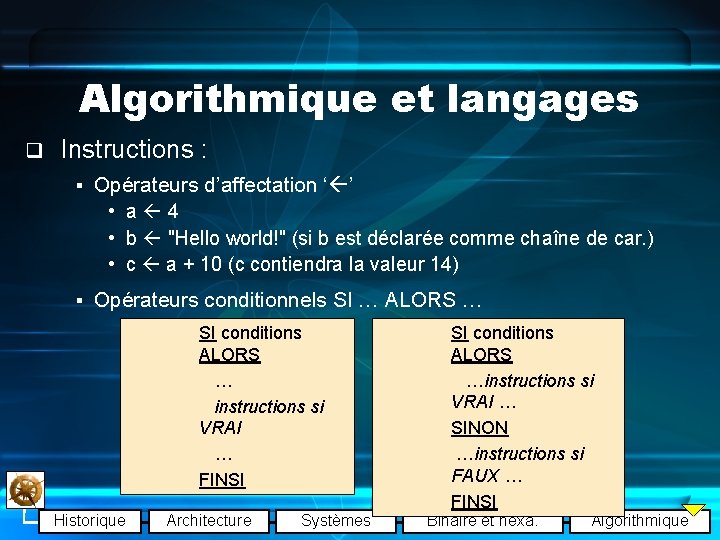 Algorithmique et langages q Instructions : § Opérateurs d’affectation ‘ ’ • a 4