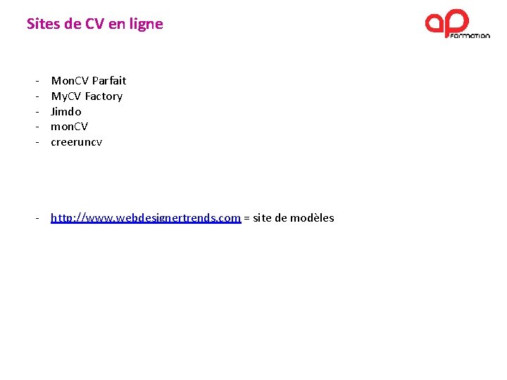 Sites de CV en ligne - Mon. CV Parfait My. CV Factory Jimdo mon.