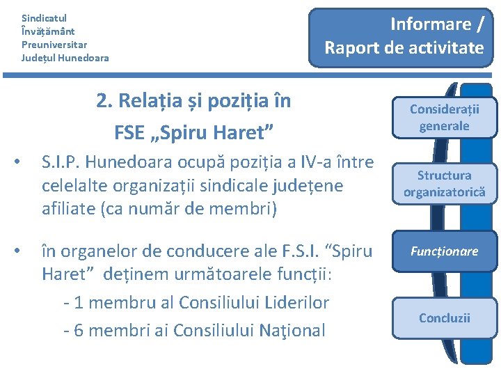 Sindicatul Învățământ Preuniversitar Județul Hunedoara Informare / Raport de activitate 2. Relația și poziția