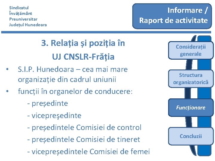 Sindicatul Învățământ Preuniversitar Județul Hunedoara Informare / Raport de activitate 3. Relația și poziția