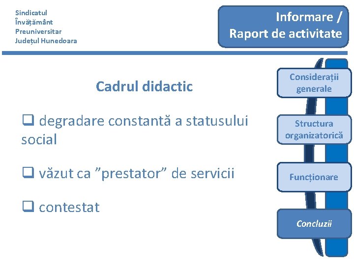 Sindicatul Învățământ Preuniversitar Județul Hunedoara Informare / Raport de activitate Cadrul didactic q degradare