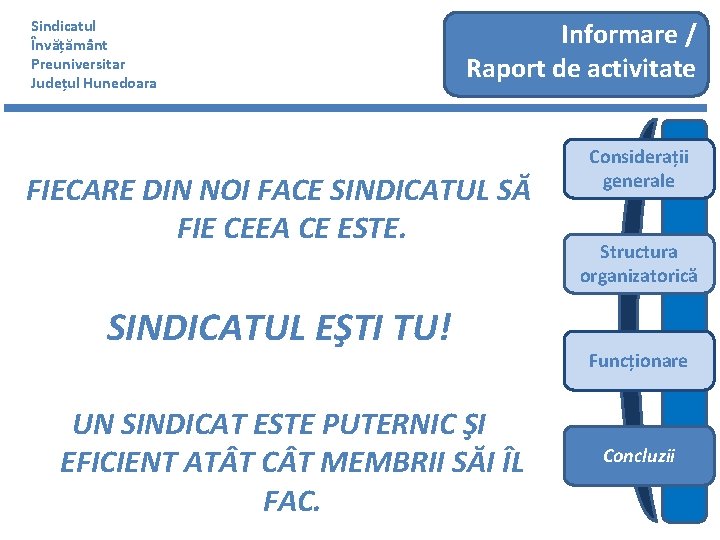 Sindicatul Învățământ Preuniversitar Județul Hunedoara Informare / Raport de activitate FIECARE DIN NOI FACE