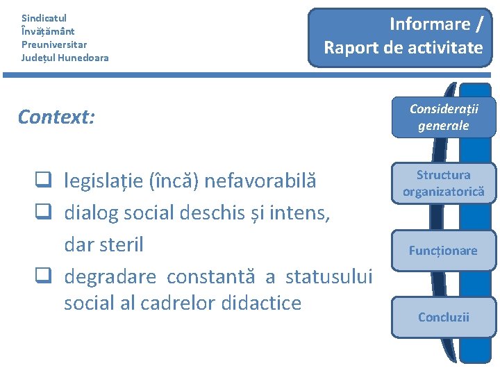 Sindicatul Învățământ Preuniversitar Județul Hunedoara Informare / Raport de activitate Context: q legislație (încă)
