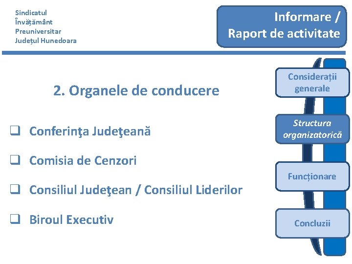 Sindicatul Învățământ Preuniversitar Județul Hunedoara Informare / Raport de activitate 2. Organele de conducere