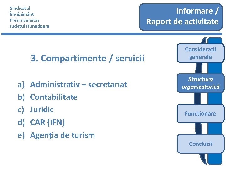 Sindicatul Învățământ Preuniversitar Județul Hunedoara 3. Compartimente / servicii a) b) c) d) e)