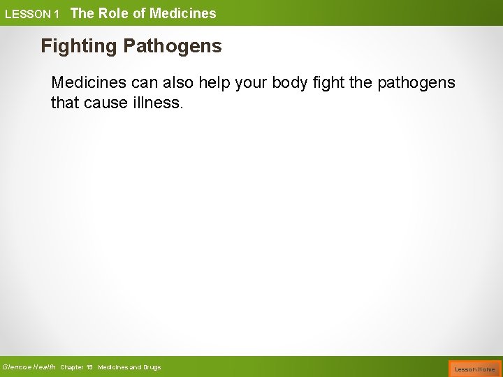 LESSON 1 The Role of Medicines Fighting Pathogens Medicines can also help your body