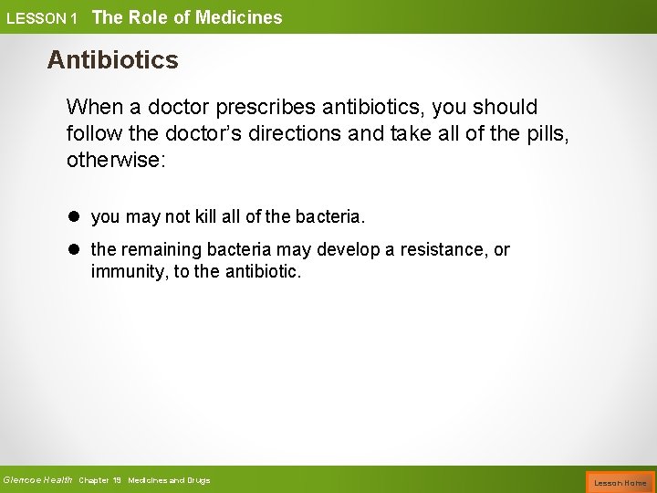 LESSON 1 The Role of Medicines Antibiotics When a doctor prescribes antibiotics, you should