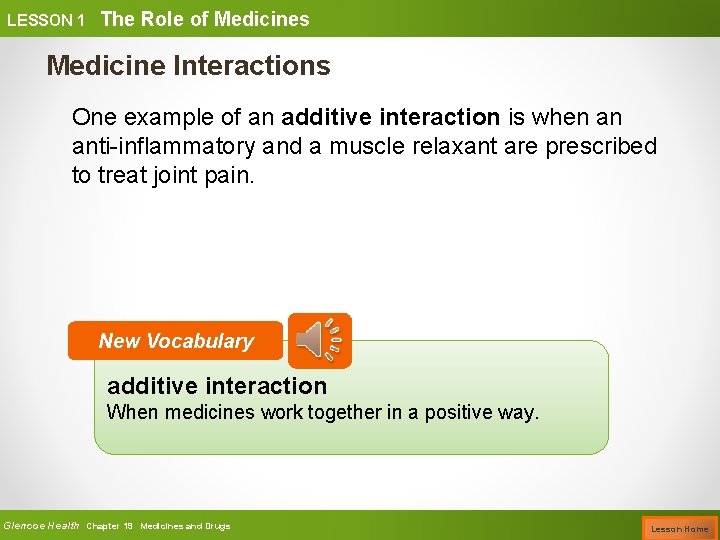 LESSON 1 The Role of Medicines Medicine Interactions One example of an additive interaction