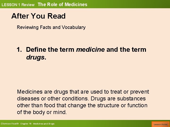 LESSON 1 Review The Role of Medicines After You Read Reviewing Facts and Vocabulary