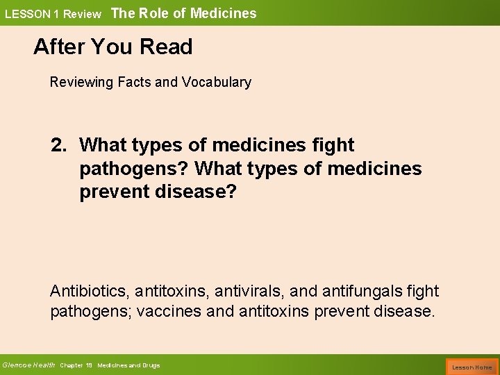 LESSON 1 Review The Role of Medicines After You Read Reviewing Facts and Vocabulary