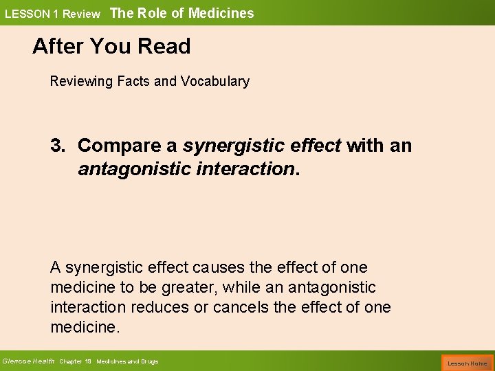 LESSON 1 Review The Role of Medicines After You Read Reviewing Facts and Vocabulary