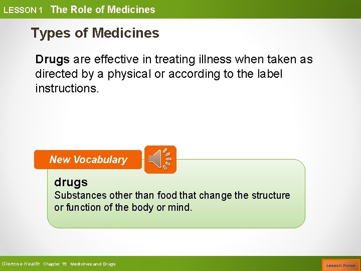 LESSON 1 The Role of Medicines Types of Medicines Drugs are effective in treating
