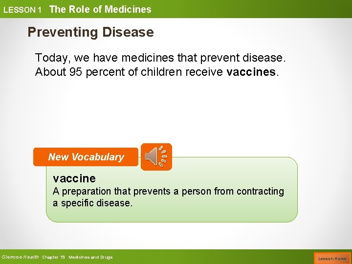 LESSON 1 The Role of Medicines Preventing Disease Today, we have medicines that prevent