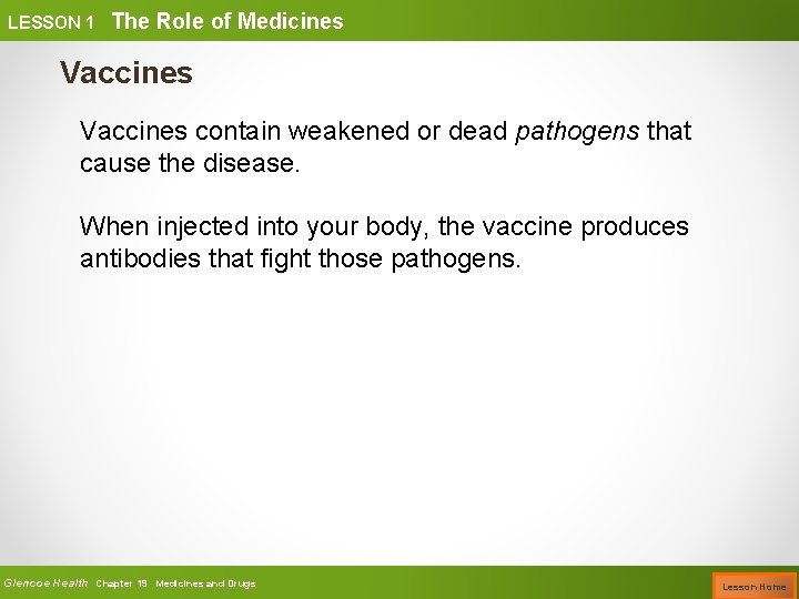 LESSON 1 The Role of Medicines Vaccines contain weakened or dead pathogens that cause