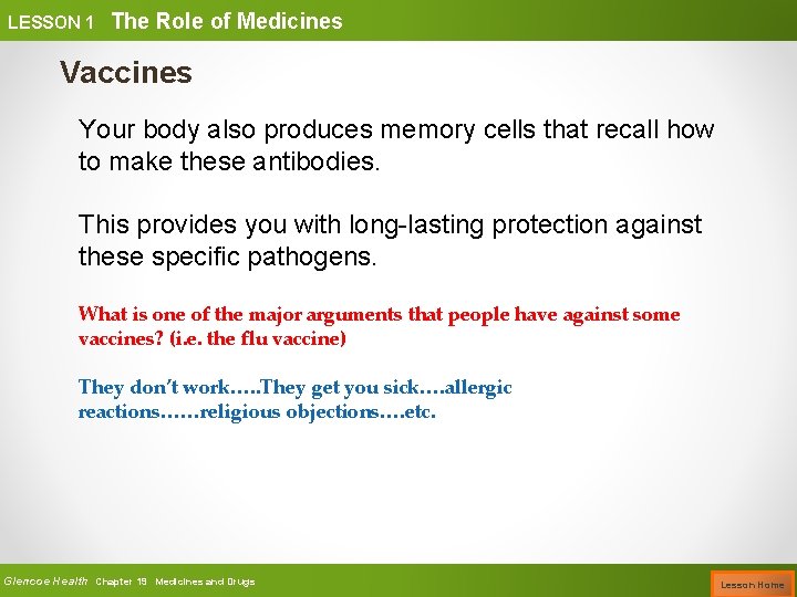 LESSON 1 The Role of Medicines Vaccines Your body also produces memory cells that