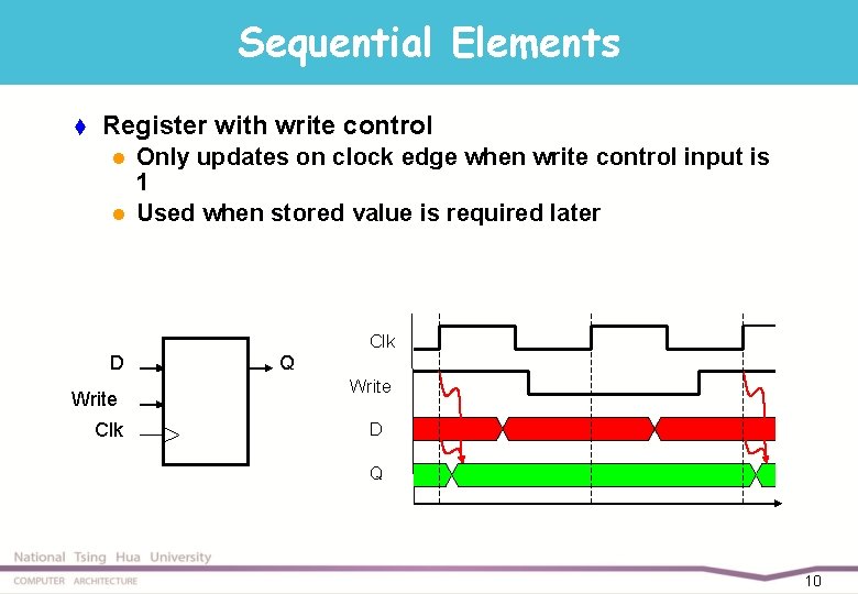 Sequential Elements t Register with write control l l Only updates on clock edge