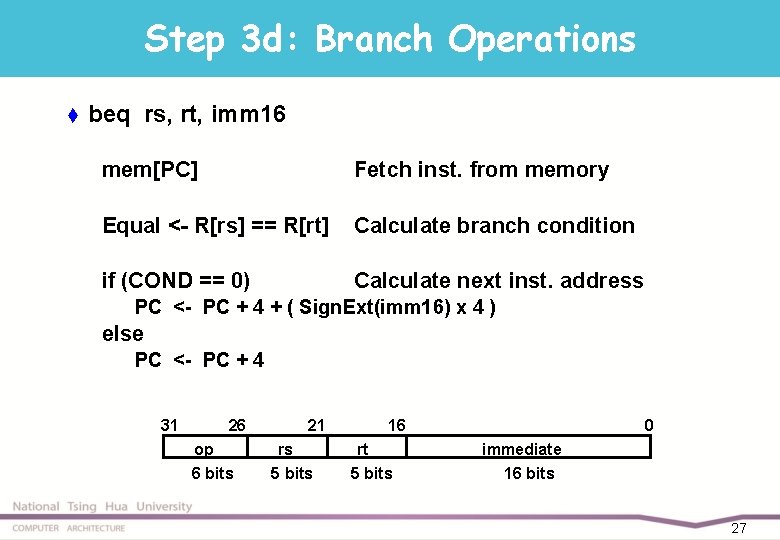 Step 3 d: Branch Operations t beq rs, rt, imm 16 mem[PC] Fetch inst.