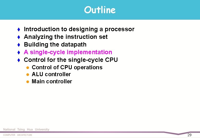 Outline t t t Introduction to designing a processor Analyzing the instruction set Building