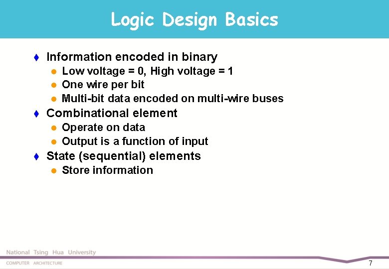 Logic Design Basics t Information encoded in binary l l l t Combinational element