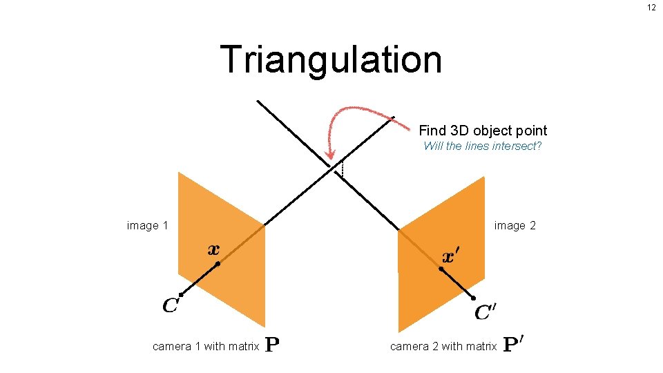 12 Triangulation Find 3 D object point Will the lines intersect? image 1 camera