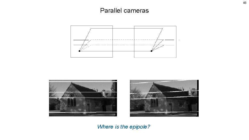 48 Parallel cameras Where is the epipole? 