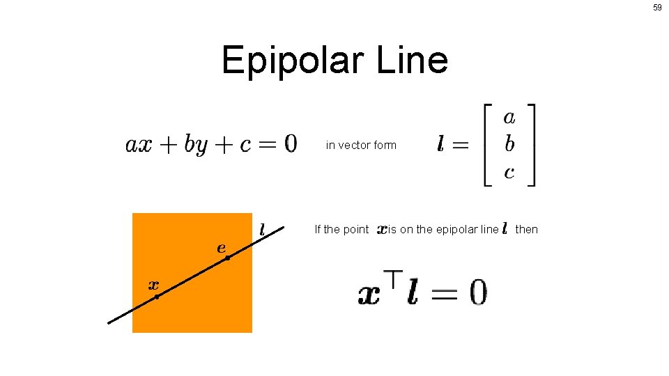 59 Epipolar Line in vector form If the point is on the epipolar line