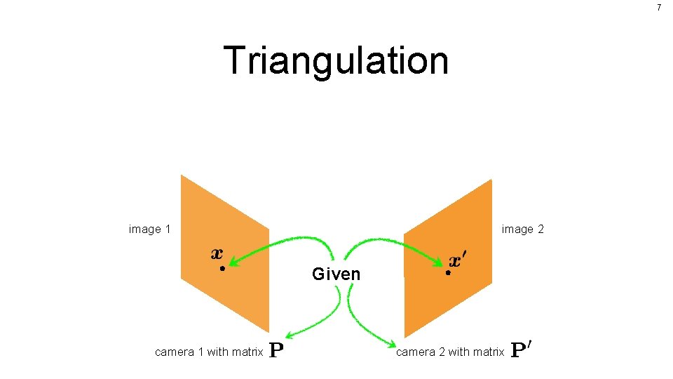 7 Triangulation image 1 image 2 Given camera 1 with matrix camera 2 with