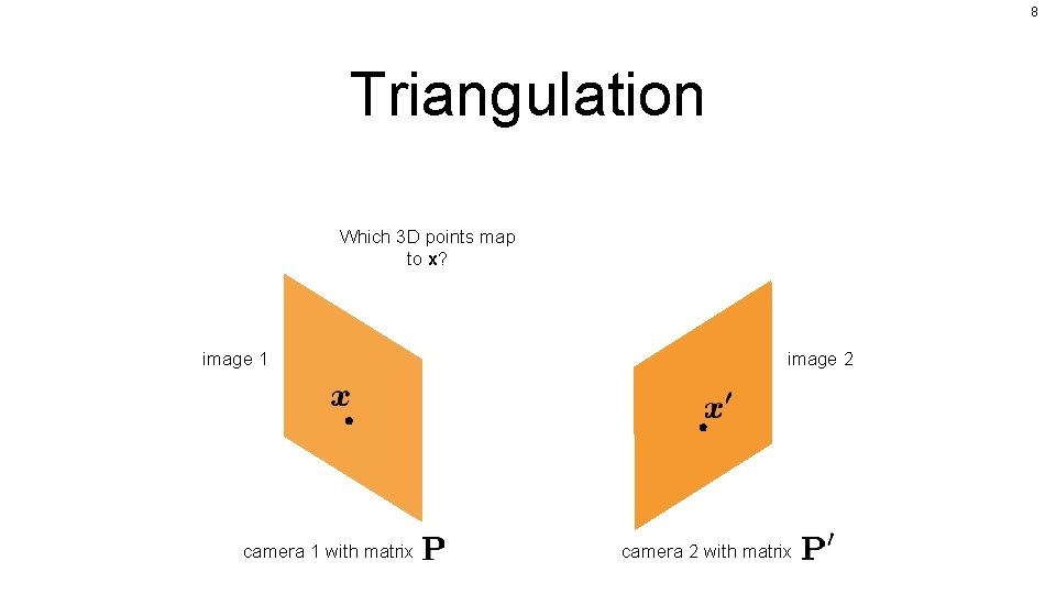 8 Triangulation Which 3 D points map to x? image 1 camera 1 with