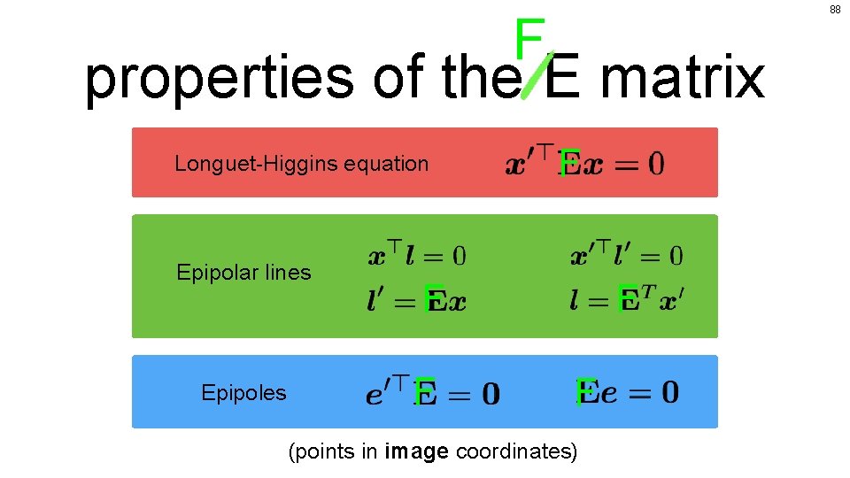 88 F properties of the E matrix Longuet-Higgins equation Epipolar lines Epipoles F F