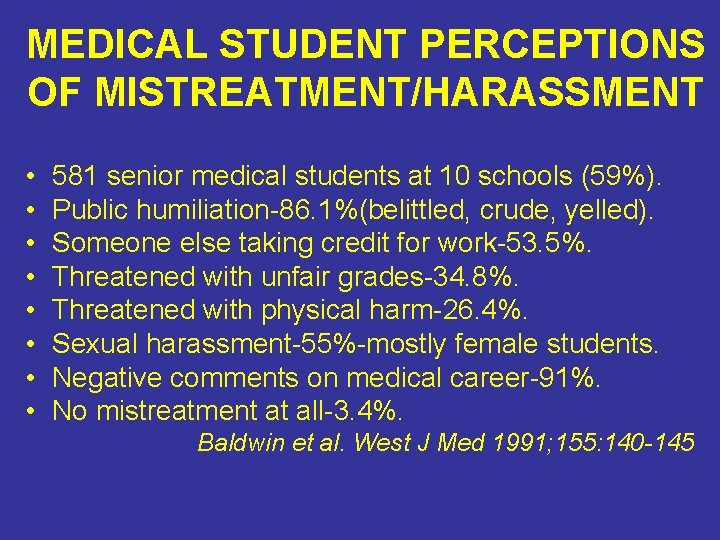 MEDICAL STUDENT PERCEPTIONS OF MISTREATMENT/HARASSMENT • • 581 senior medical students at 10 schools MEDICAL STUDENT PERCEPTIONS OF MISTREATMENT/HARASSMENT • • 581 senior medical students at 10 schools